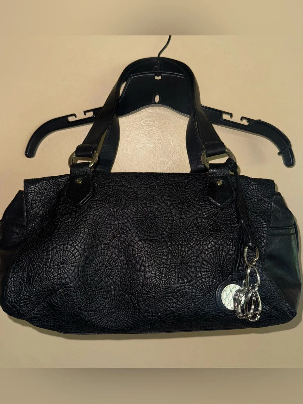 Vintage OSCAR De La RENTA Black Leather Circle Medallion Embossed Medium Satchel